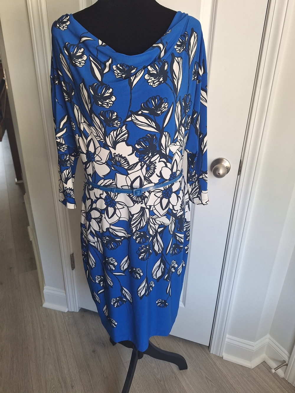 Vintage Blue Floral Cowel Neck Belted Women’s Dress